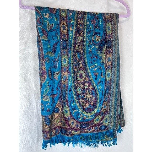 Naturally Knotty Accessories - Naturally Knotty 100% Silk Jacquard Scarf Wrap TealBlue Paisley Fringe Shawl EUC